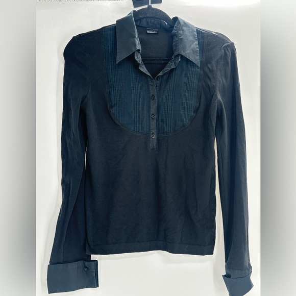 Wolford Black Tuxedo Bib Front Blouse Pleated Button Long Sleeve Top - Picture 3 of 9